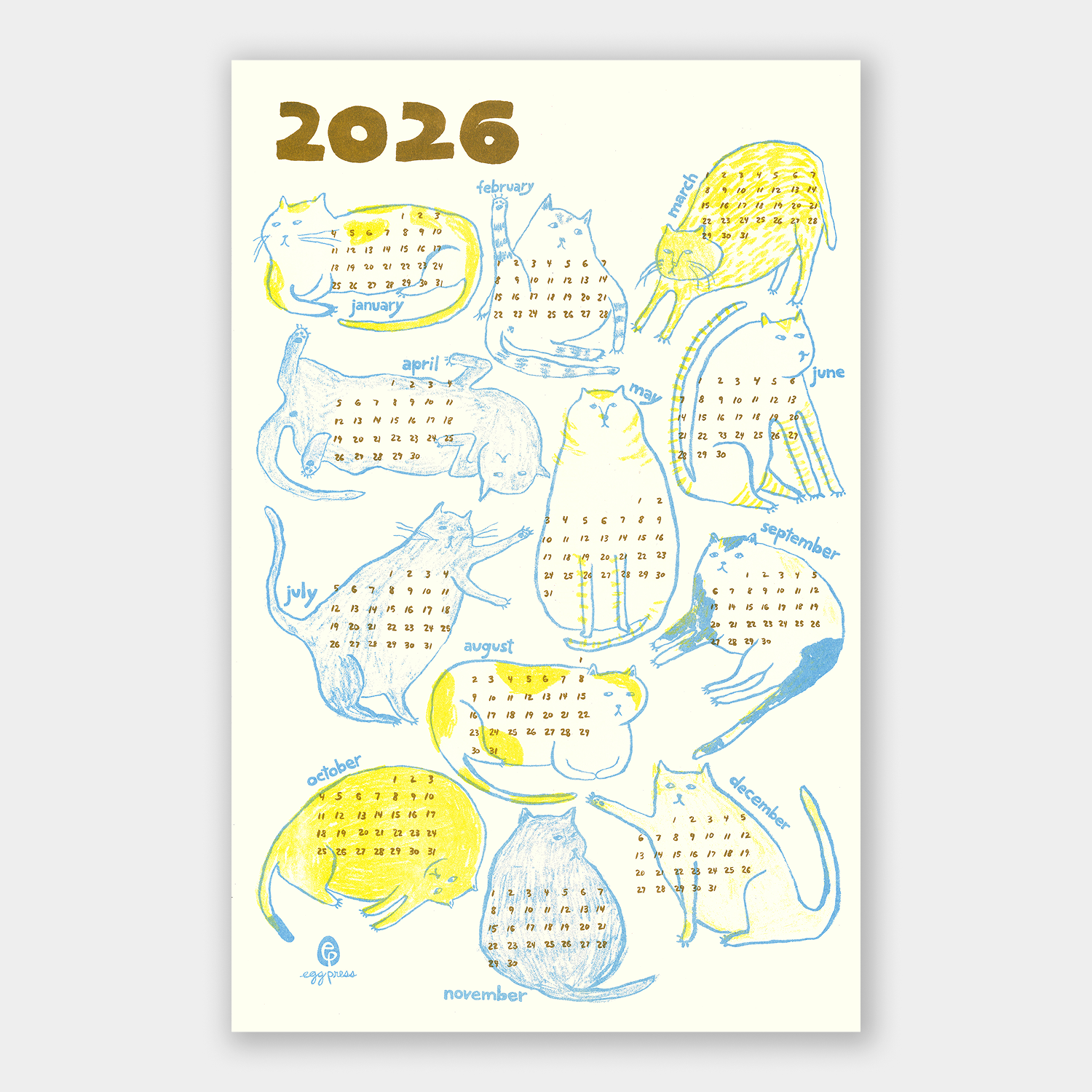 Cats 2026 Calendar Illustrated Risograph Print