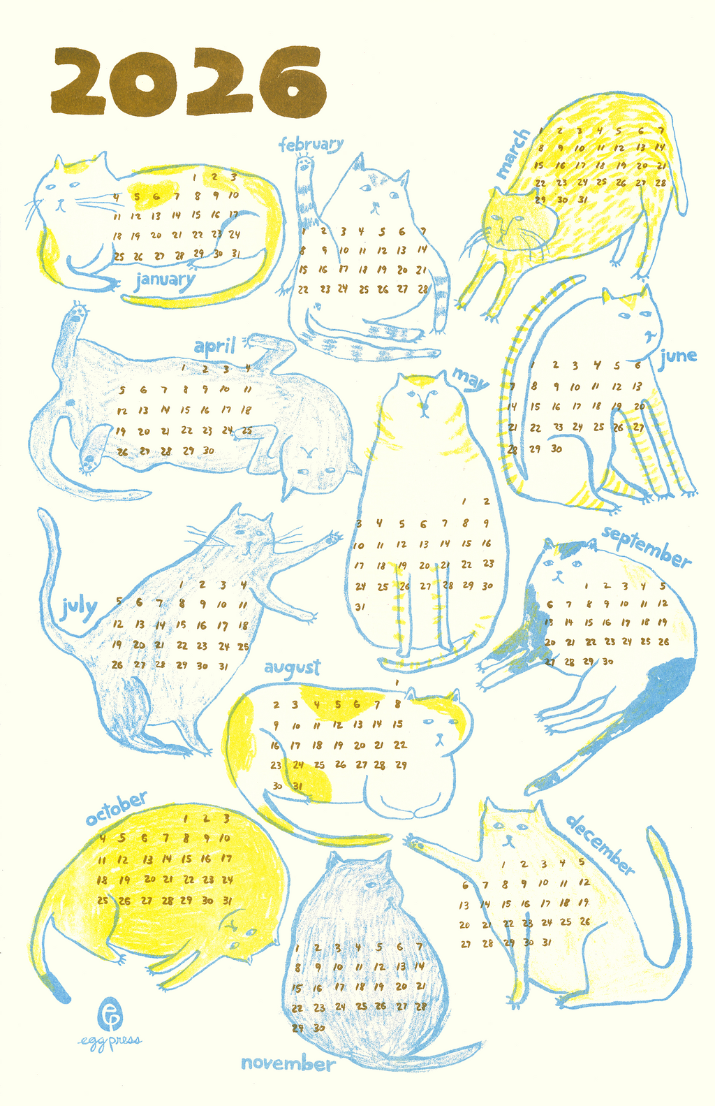 Cats 2026 Calendar Illustrated Risograph Print