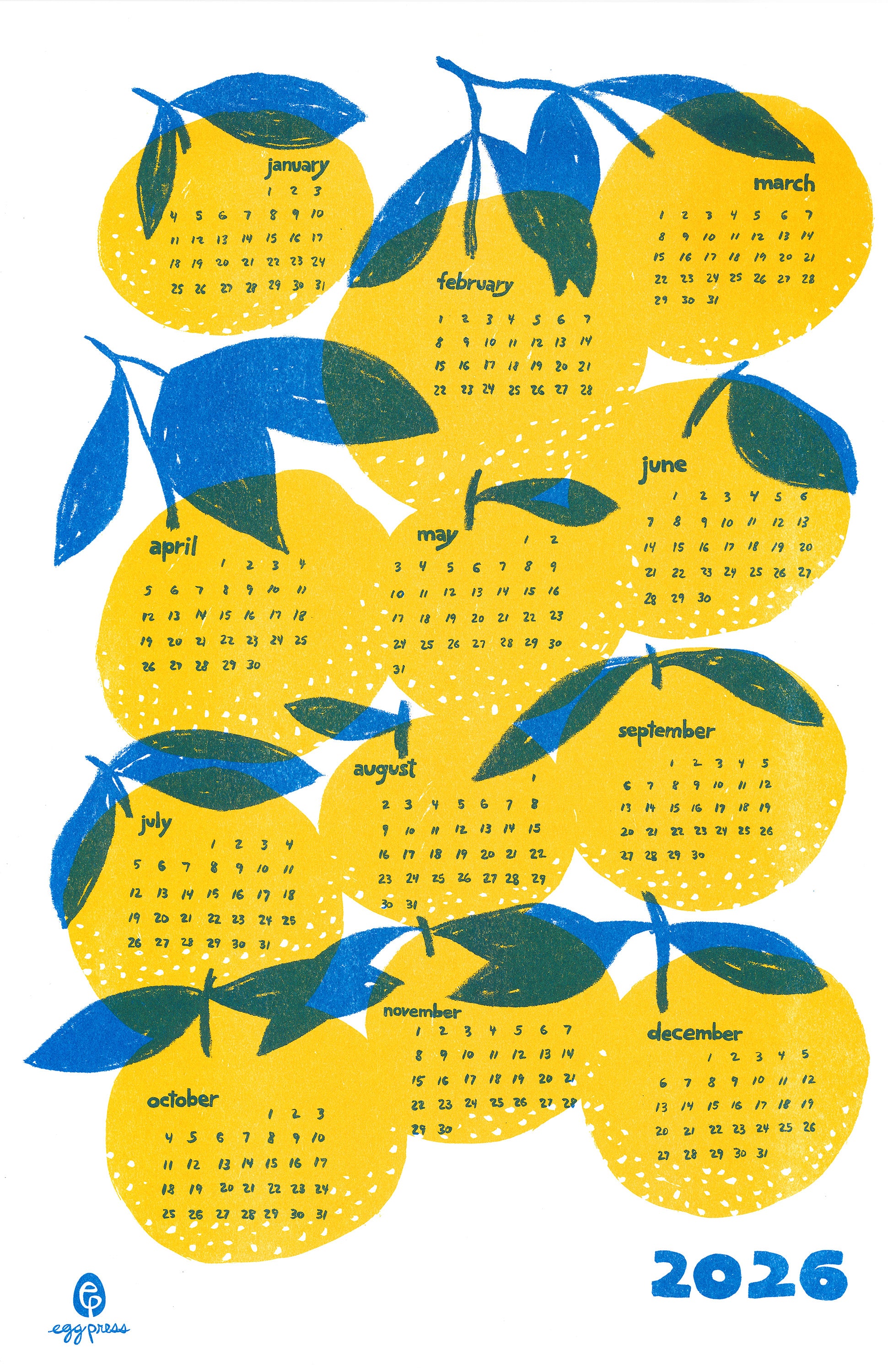 Oranges 2026 Calendar Illustrated Risograph Print