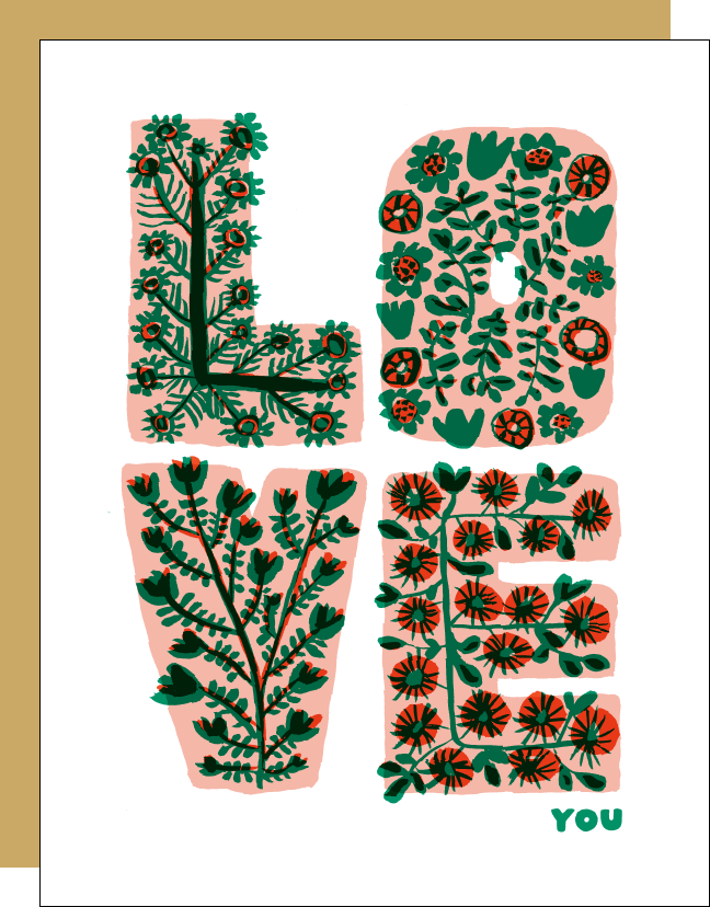 Love You Floral Letters Letterpress Greeting Card