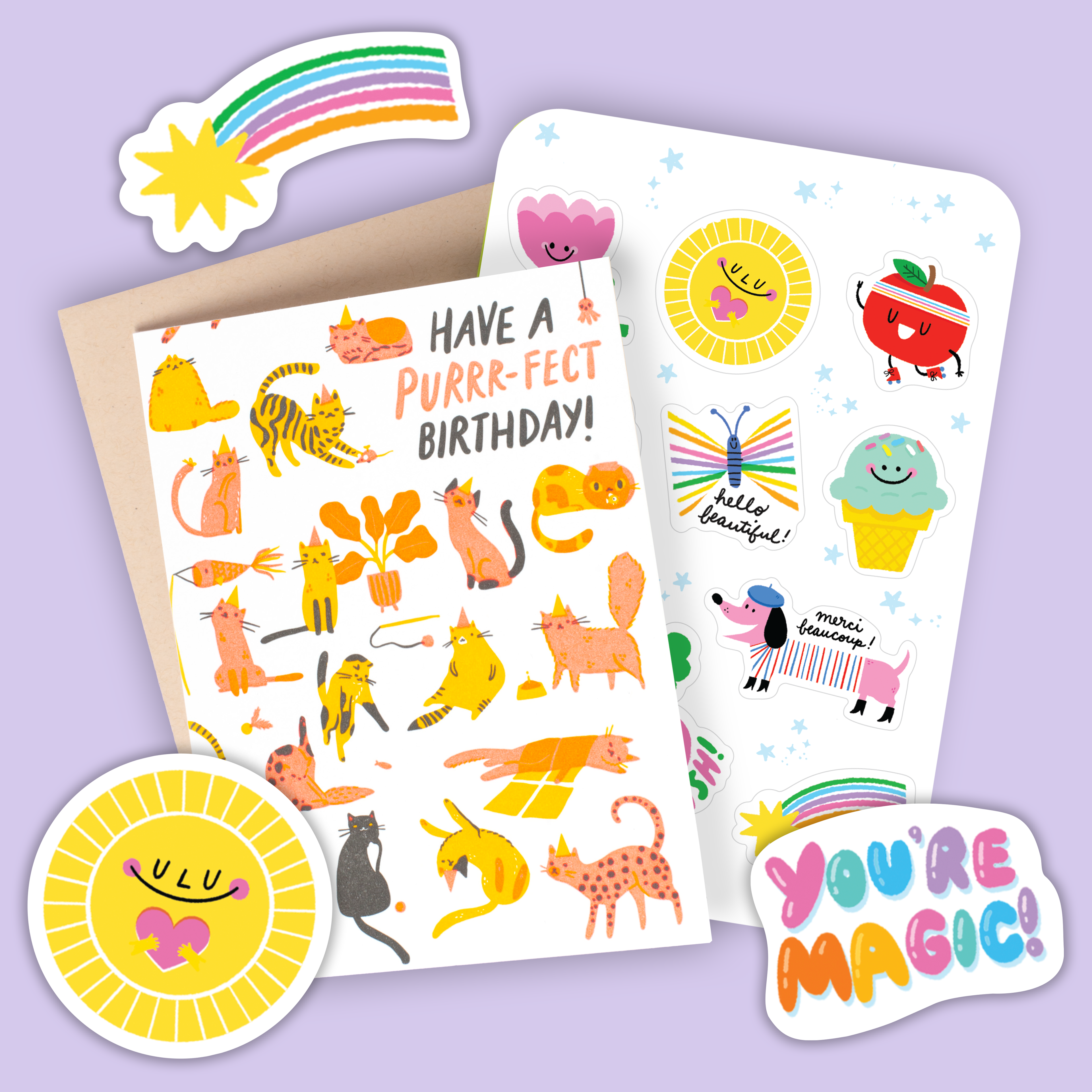 Card & Sticker Sheet Set - Cat Birthday Purr