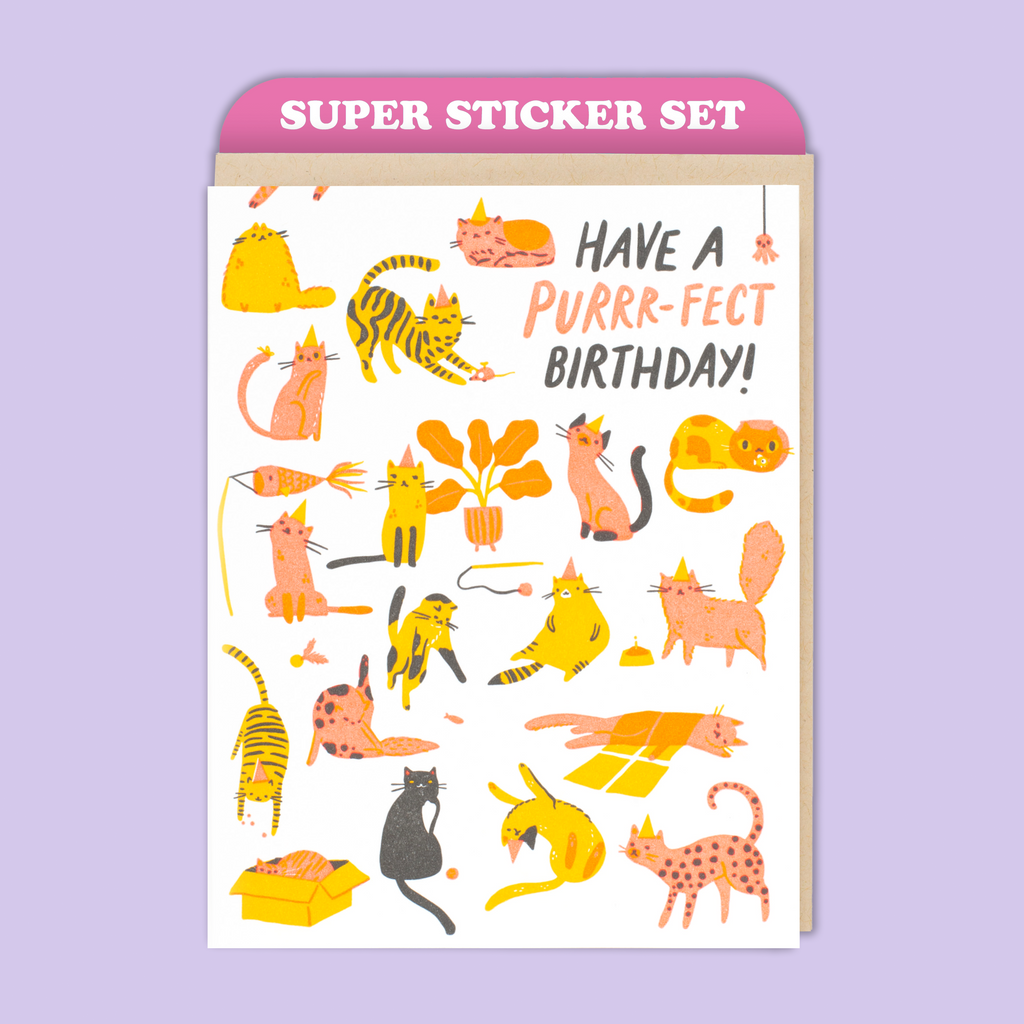 Card & Sticker Sheet Set - Cat Birthday Purr