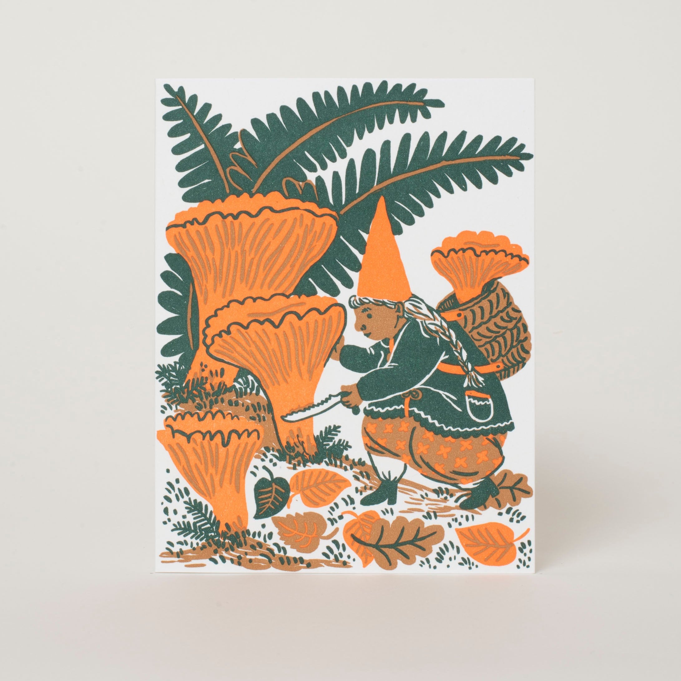 Mushroom Picking Gnome Blank Letterpress Greeting Card